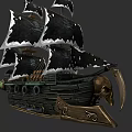 Pirate Sailing Ship with Tattered Black Sails and Skull Decoration on Bow Wooden Hull Design