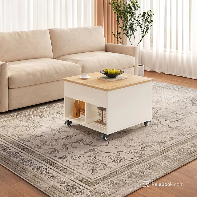 White Coffee Table With Wooden Top Wheels Shelf Fruit Bowl Cup And Beige Sofa 3d model 