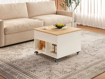White Coffee Table With Wooden Top Wheels Shelf Fruit Bowl Cup And Beige Sofa 3d model