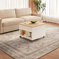 White Coffee Table With Wooden Top Wheels Shelf Fruit Bowl Cup And Beige Sofa