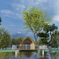 Modern Curved Wooden Building by Waterfront With Trees Arc Roof Design And Green Surroundings