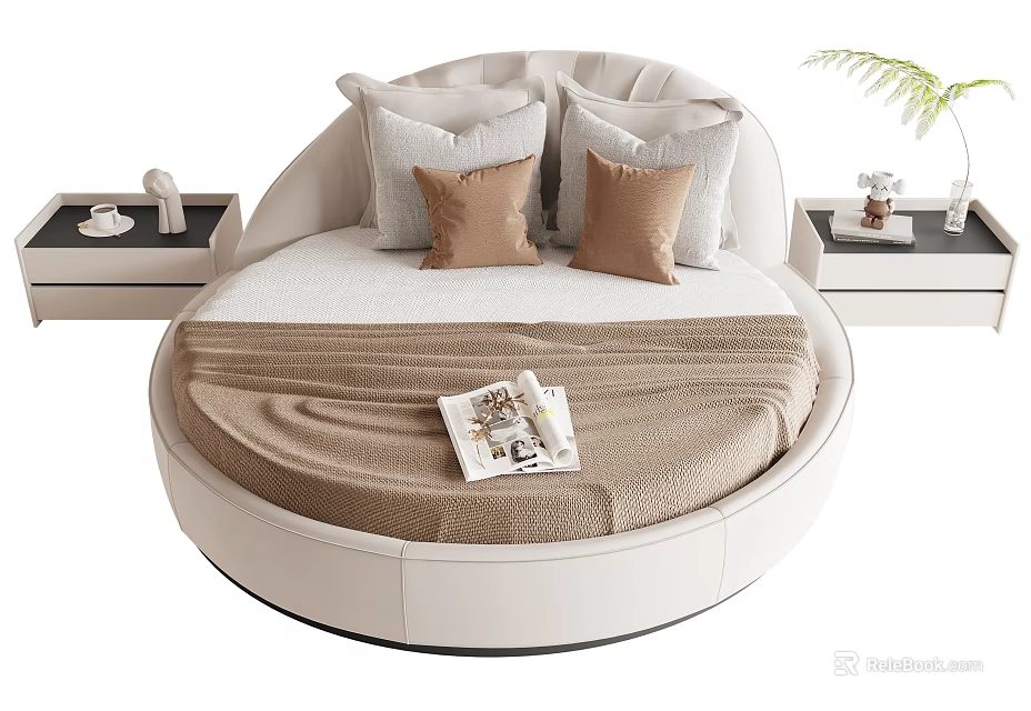 Modern White Round Double Bed With Pillows Blanket And Nightstands With Plant And Magazine 3d model 