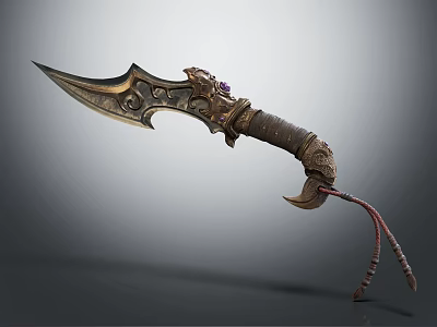 Ornate Decorative Dagger With Carved Hilt Purple Gemstone And Leather Wrapped Handle 3d model