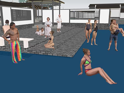 Multiple People Relaxing In Outdoor Courtyard With Blue Pool And Seating Area 3d model