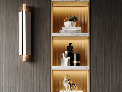 Elegant Modern Decorative Ornament Collection on Illuminated Shelves with Deer Figurine Vase and Books 3d model