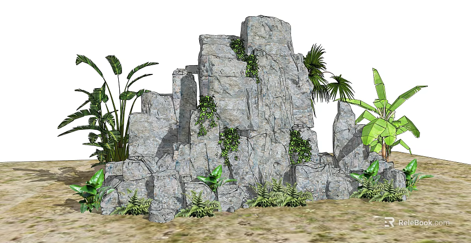 Natural Garden Ornament With Rock Formation Surrounded By Palm Banana Leaves And Low Shrubs 3d model 