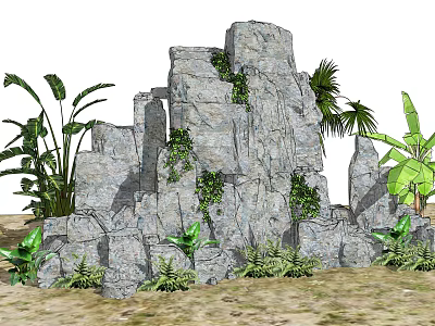 Natural Garden Ornament With Rock Formation Surrounded By Palm Banana Leaves And Low Shrubs 3d model