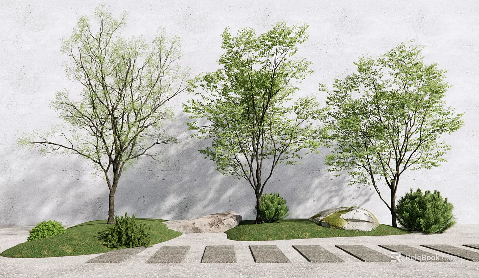 Tall Trees in Garden with Gray Wall Stone Path Grass and Rocks 3d model 