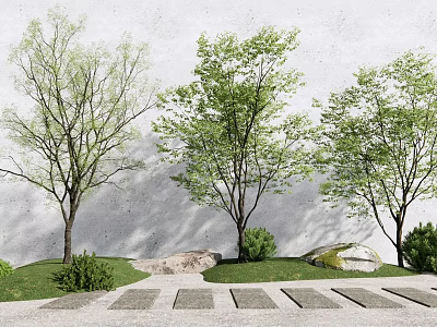 Tall Trees in Garden with Gray Wall Stone Path Grass and Rocks 3d model