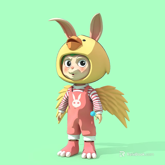 Game And Movie Character With Yellow Bunny Ears Hat Pink Overalls Wings And Blue Ball 3d model 