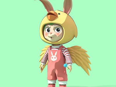 Game And Movie Character With Yellow Bunny Ears Hat Pink Overalls Wings And Blue Ball 3d model