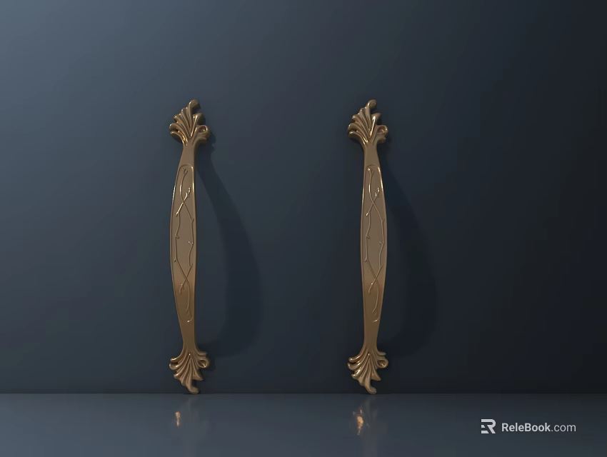 Pair of Elegant Golden Decorative Door Handles With Ornate Intricate Patterns 3d model 