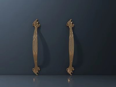 Pair of Elegant Golden Decorative Door Handles With Ornate Intricate Patterns 3d model