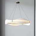 Modern Curved Chandelier With Striped White Shade And Black Metal Frame