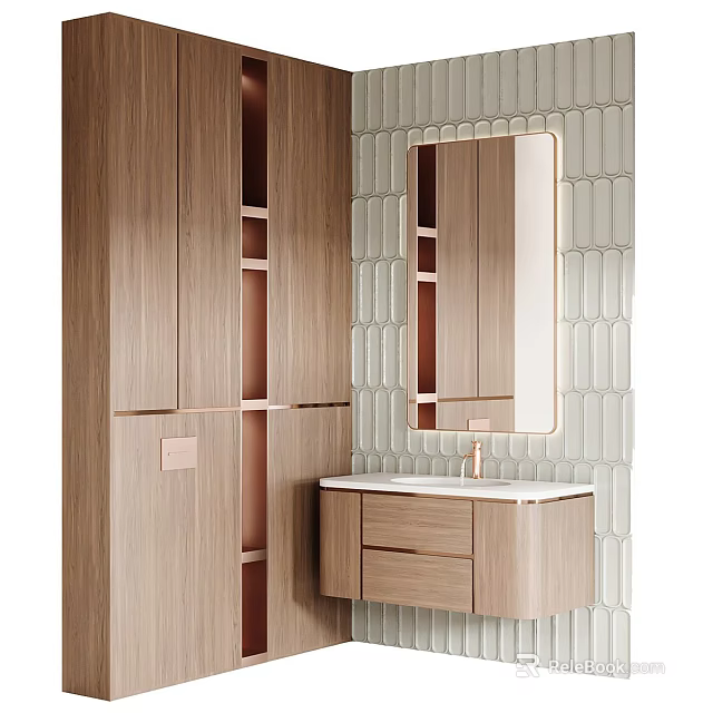 Modern Washbasin Vanity With Wooden Cabinet Drawer And Wall Mounted Mirror 3d model 