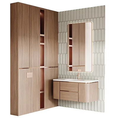 Modern Washbasin Vanity With Wooden Cabinet Drawer And Wall Mounted Mirror 3d model