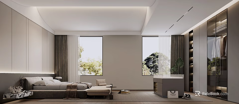 Modern Minimalist Bedroom Interior With Bed Windows Greenery Curtains And Dresser 3d model 