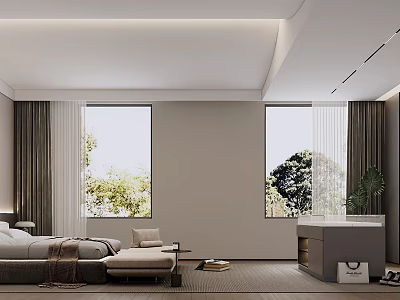 Modern Minimalist Bedroom Interior With Bed Windows Greenery Curtains And Dresser 3d model