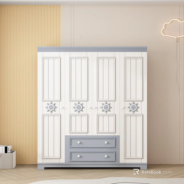Modern White And Gray Wardrobe With Paneled Doors Drawers And Decorative Knobs 3d model