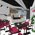 Dessert Shop Interior Design With Red Chairs Black Tables And Black White Floor