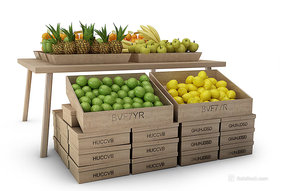 Display Shelves with Fresh Fruits Pineapples Bananas Apples Limes Lemons in Wooden Crates 3d model 
