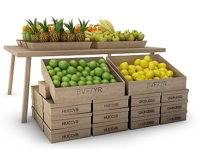 Display Shelves with Fresh Fruits Pineapples Bananas Apples Limes Lemons in Wooden Crates 3d model