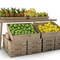 Display Shelves with Fresh Fruits Pineapples Bananas Apples Limes Lemons in Wooden Crates