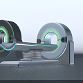 Modern Medical Imaging CT Scanner With Green Illuminated Ring And Examination Table