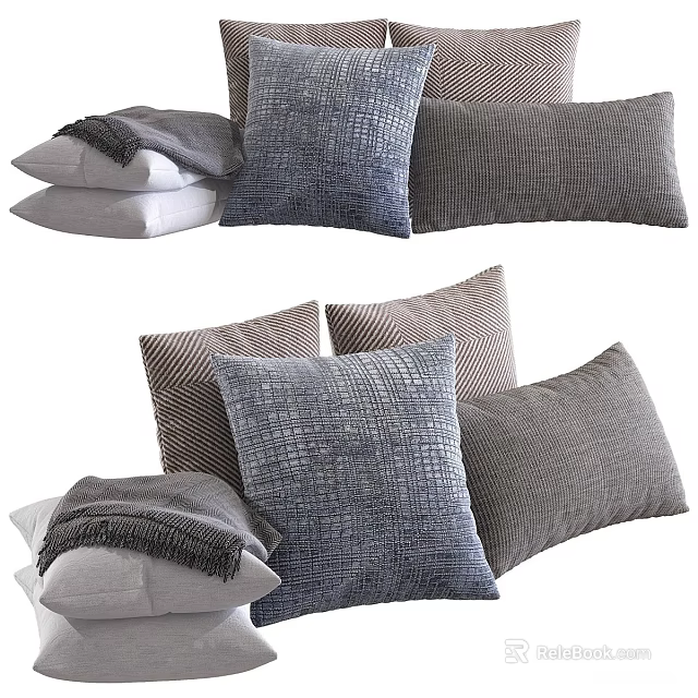 Modern Decorative Throw Pillows In Blue Gray And Beige With Textured Patterns 3d model 