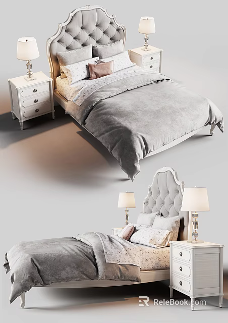 Cozy Double Bed With Tufted Headboard Gray Comforter Nightstand And Table Lamp 3d model