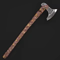 Handcrafted Ornate Axe with Purple Brown Wrapped Handle and Silver Decorative Head on Wooden Log