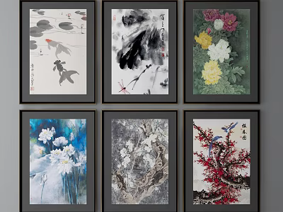 Framed Plant Paintings with Floral Bird and Ink Art Designs for Modern Wall Decor 3d model