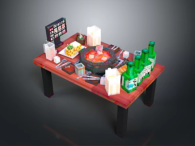 Cozy Dining Table Setup With Hotpot Fresh Food Drinks And Tablet 3d model