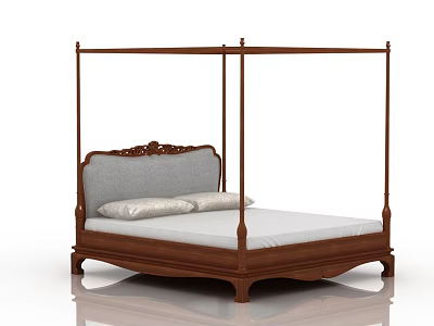 Wooden Four Poster Double Bed With Carved Headboard Light Mattress And Pillows 3d model