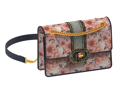 Stylish Floral Pattern Crossbody Bag With Golden Chain And Metal Clasp 3d model