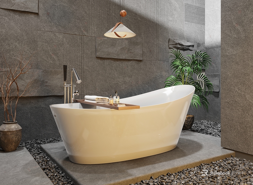 Modern Bathtub In Bathroom With Stone Walls Hanging Light And Plants 3d model 