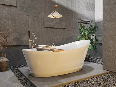 Modern Bathtub In Bathroom With Stone Walls Hanging Light And Plants 3d model