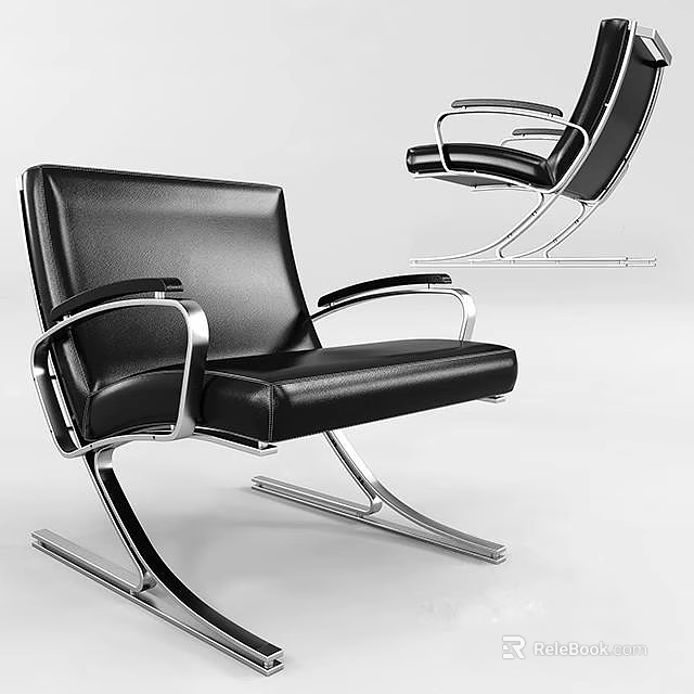 Black Leather Office Chair With Metal Frame Armrests And Curved Design 3d model 