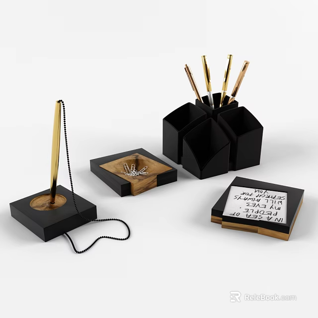Black And Gold Desk Stationery Set With Inkwell Pen Holder And Notebook 3d model 