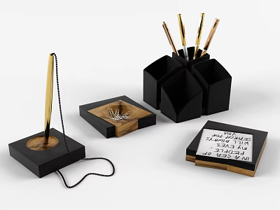 Black And Gold Desk Stationery Set With Inkwell Pen Holder And Notebook 3d model