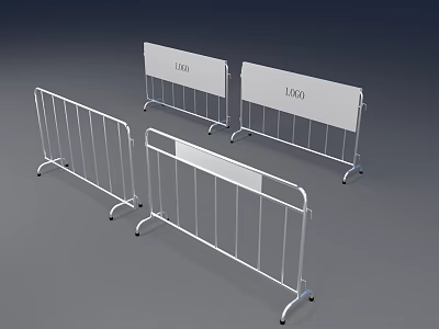 Durable Metal Road Barricades With White Logo Boards And Wheels 3d model
