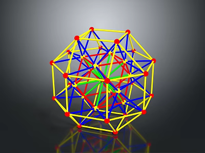 3D Geometric Polyhedron Structure With Yellow Frame Red Vertices Blue And Green Lines 3d model
