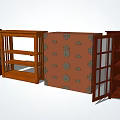 Four Different Wooden Dressers With Glass Doors Open Shelves And Decorative Patterns