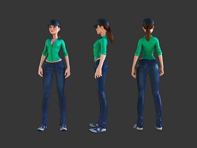 Game Movie Character Design With Green Top Blue Jeans And Black Cap Three Views 3d model