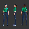 Game Movie Character Design With Green Top Blue Jeans And Black Cap Three Views
