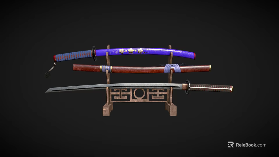 Traditional Samurai Swords Displayed On Wooden Stand With Purple Brown Handles And Decorative Sheaths 3d model 