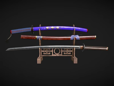 Traditional Samurai Swords Displayed On Wooden Stand With Purple Brown Handles And Decorative Sheaths 3d model