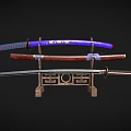 Traditional Samurai Swords Displayed On Wooden Stand With Purple Brown Handles And Decorative Sheaths