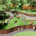 Scenic Park Landscape Featuring Palm Trees Wooden Fence Bears Small Cabin Green Grass And Visitors