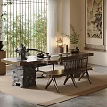 Traditional Tea Room With Bamboo Blinds Greenery Landscape Painting Wooden Table And Chairs